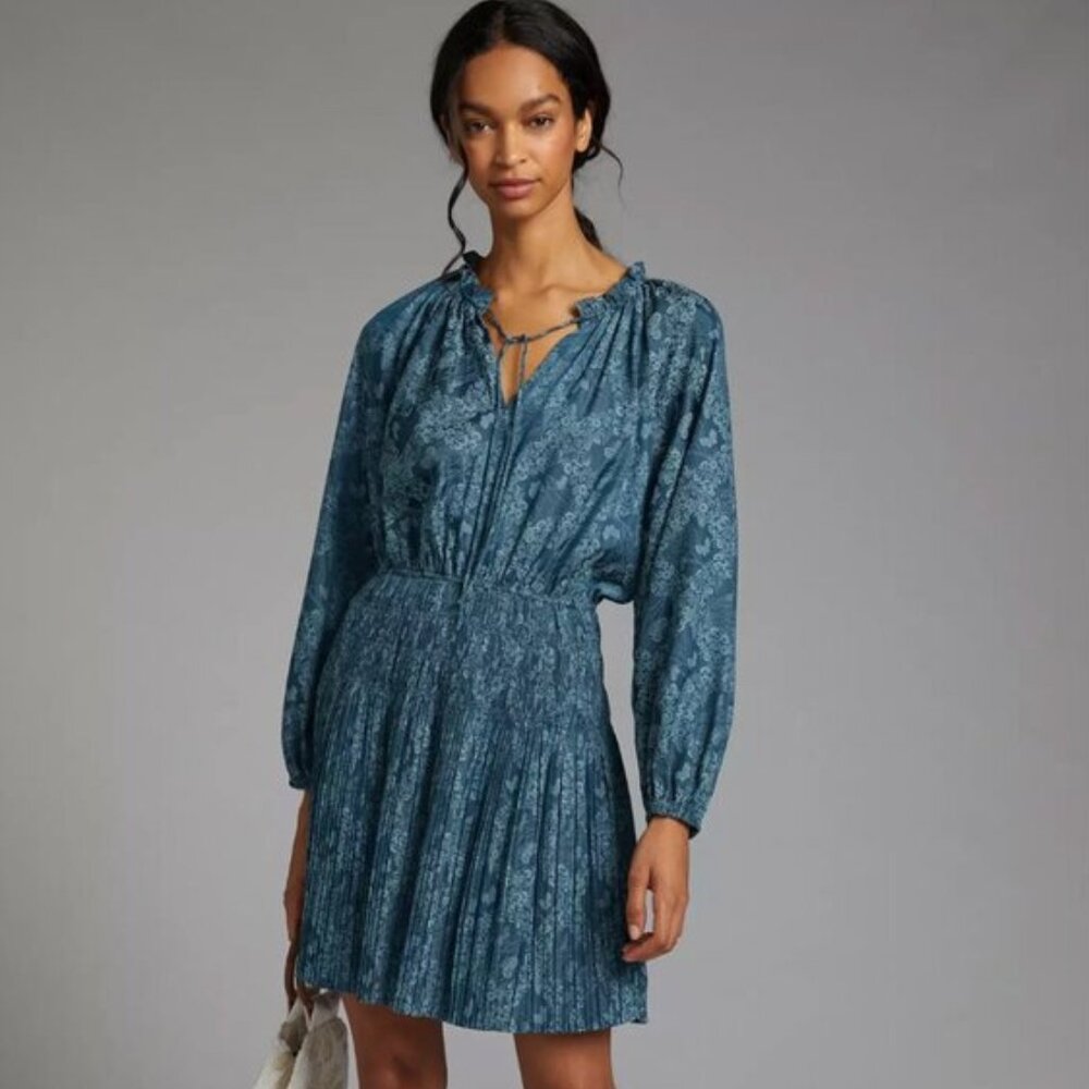 Anthropologie Current Air Dress Floral Pleated Mini Dress Teal Size XS EUC